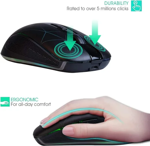 Vista 4 de Rii Ratón inalámbrico LED, ratón óptico ergonómico de 2.4 G con receptor USB, mouse portátil recargable para PC, Mac, tableta, Chromebook, portátil