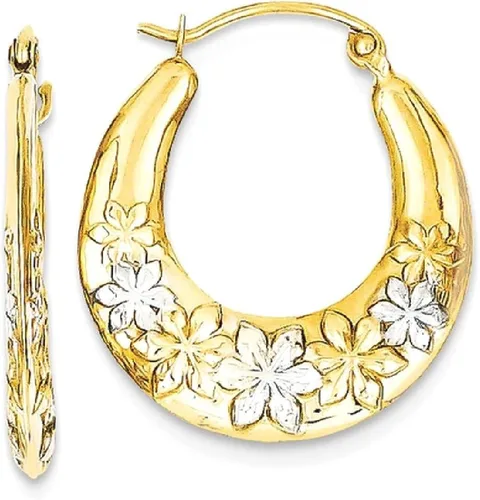 Vista 8 de 14K Yellow Gold White Rose Flowers Hoop Earrings