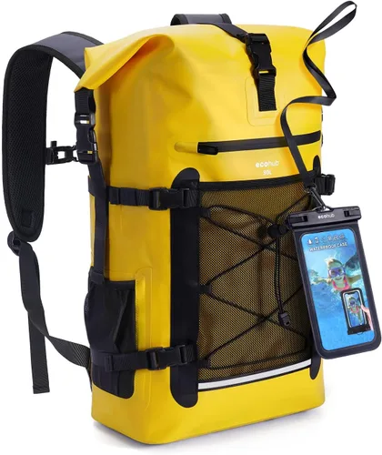 Vista 11 de ECOHUB Mochila impermeable para mujeres y hombres, bolsa seca resistente de 30L con cierre enrollable para viajes con funda impermeable IPX8