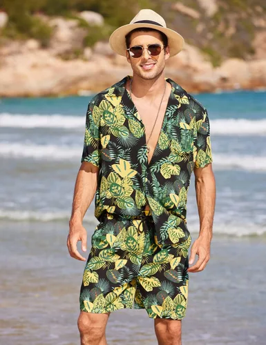 Vista 2 de COOFANDY Conjunto de camisa hawaiana para hombre, diseño floral, cuello cubano, con botones