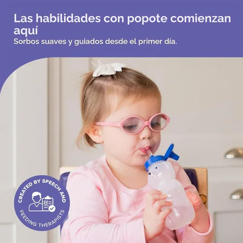 Vista 2 de TalkTools Vaso con pajita con forma de osito Miele con asa, 5oz – Entrenador de pajita suave para bebés y niños pequeños de 4+ meses – Agarre fácil