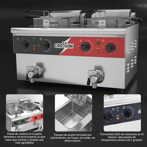 Vista 3 de CROSSON Freidora eléctrica de mostrador de doble tanque de 16L con "Swing-up and Hold", válvula de drenaje, tanque de aceite de formación por