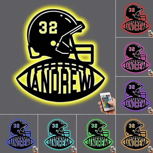 Vista 13 de Regalos personalizados de fútbol para niños con nombre personalizado con luz nocturna LED, letrero de pared de fútbol de neón con 16 colores que