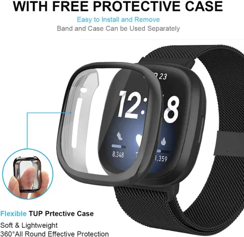 Vista 2 de Maxjoy Compatible con correas Fitbit Sense/Versa 3, correa de metal de acero inoxidable Versa3 con funda protectora compatible con reloj Fitbit
