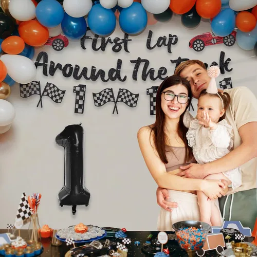 Vista 6 de Cartel de la primera vuelta alrededor de la pista con purpurina para decoración de fiesta de primer cumpleaños, pancarta de auto de carreras negro