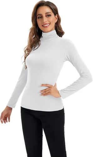 Vista 7 de HoneyEcho Camiseta de manga larga con cuello alto para mujer, suave, elástica, capa base ajustada.