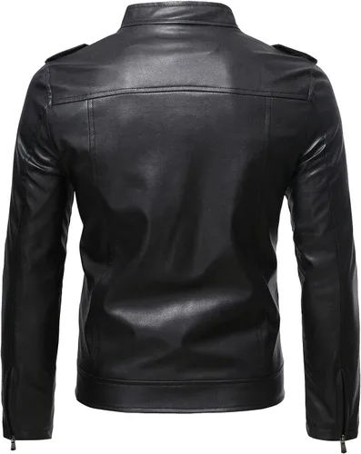 Vista 2 de POLNHDLT Chaqueta de piel sintética para hombre, chaqueta bomber sintética para hombre, solapa asimétrica con cremallera, abrigo de motociclista