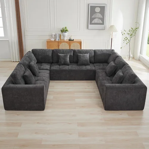 Vista 27 de Sofás seccionales modulares de 110 pulgadas para sala de estar, sofá seccional comprimido sin hueso, sofá de espuma viscoelástica tapizado de 3 Beige