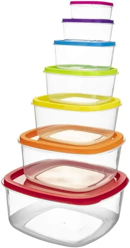 Vista 7 de Recipientes redondos de almacenamiento de alimentos con tapas coloridas a presión, juego de 5 recipientes de cocina de plástico