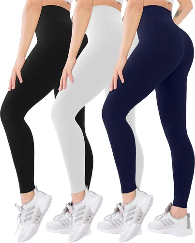 Vista 49 de Blisset - Paquete de 3 leggings de cintura alta para mujer con bolsillos, pantalones suaves y activos para control de abdomen, ideales para yoga