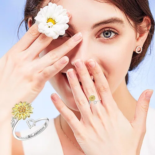 Vista 5 de Kucheed Anillos giratorios para mujeres, anillo giratorio de tamaño ajustable con diseño de girasol, anillo circular de dedo plateado apilable