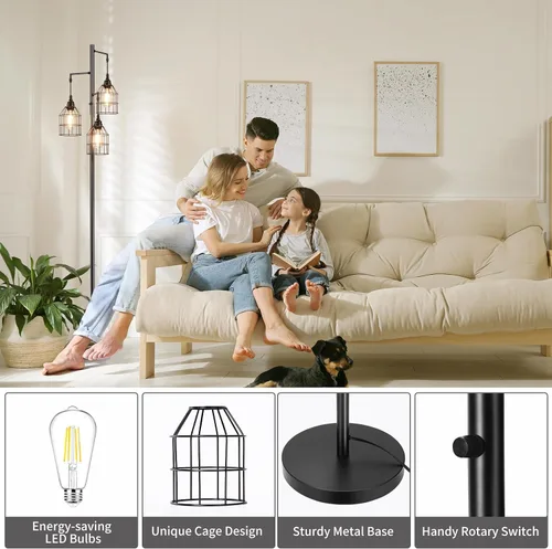 Vista 4 de Sucolite Lámpara de Pie Regulable de 70" para Sala de Estar, Lámpara de Pie Industrial de Árbol de 3 Luces Negra con Jaulas, Lámpara de Pie Alta