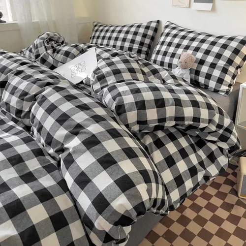 Vista 4 de DONEUS Juego de funda de edredón a cuadros 100% algodón lavado como lino súper suave y cómodo, juego de ropa de cama de 3 piezas a cuadros negros