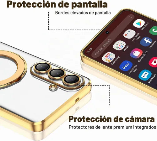 Vista 4 de Funda compatible con Samsung Galaxy S24 Plus con soporte de anillo magnético [compatible con Mag-Safe] protector de lente de cámara chapado Dorado