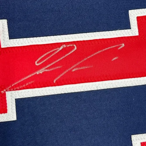 Vista 2 de Camiseta de béisbol azul de Atlanta Ronald Acuna Jr. firmada y enmarcada con COA JSA de 33x42