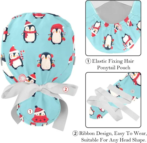 Vista 4 de Gorras de trabajo con botones de muñeco de nieve de Navidad, gorro largo para cola de caballo para mujer