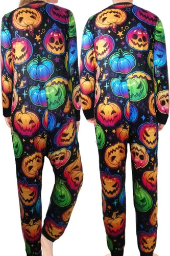 Vista 2 de AHAIJ Pijamas a juego para pareja, Halloween, calabaza, estampado de cara, pijamas para adultos, pijamas familiares de una pieza con bolsillos
