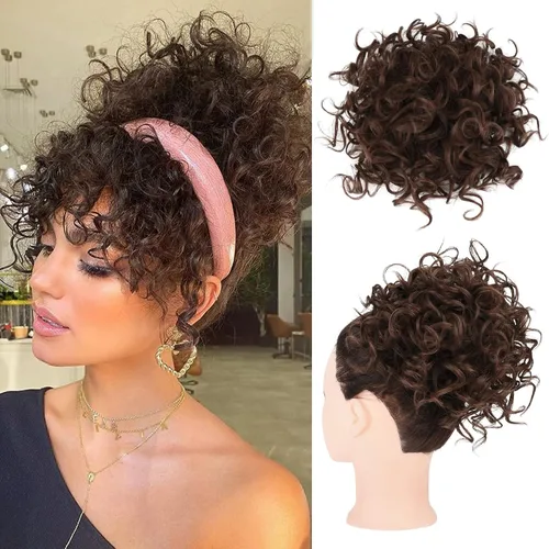 Vista 14 de HOOJIH - Moño desordenado para el pelo, pieza de pelo con cordón elástico, onda suelta, gran moño rizado, corto, extensión de cola de caballo Negro