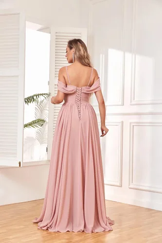 Vista 2 de BOLENSYE Vestidos de dama de honor con hombros descubiertos y bolsillos, vestido de noche formal con abertura larga de gasa fruncida