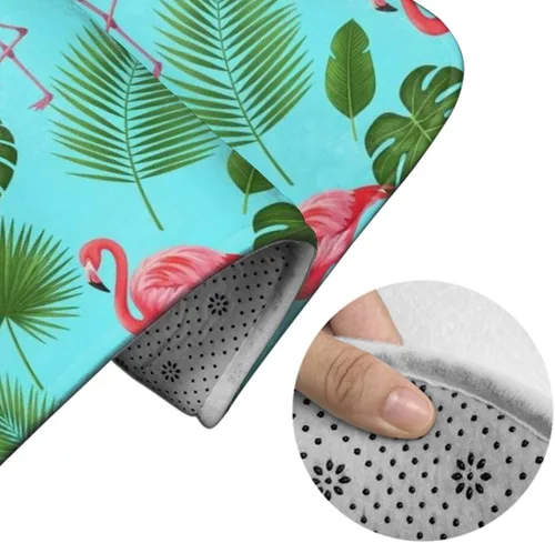 Vista 5 de Alfombra de cocina de poliéster antideslizante verde con hojas de plátano y palmeras tropicales, bonito pájaro exótico, flamenco rosa, tapete