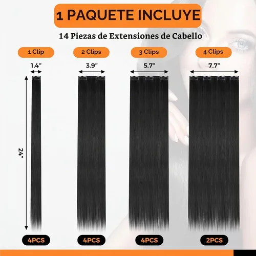 Vista 2 de Jexine 14 extensiones de cabello con clip de 24 pulgadas, extensiones de cabello largo y lacio, 9.17 oz, extensiones de cabello sintético suave