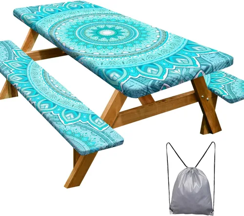Vista 50 de Funda de mesa de picnic con fundas para bancos Esenciales de camping Mantel de picnic impermeable y a prueba de viento con bolsa de cordón, funda