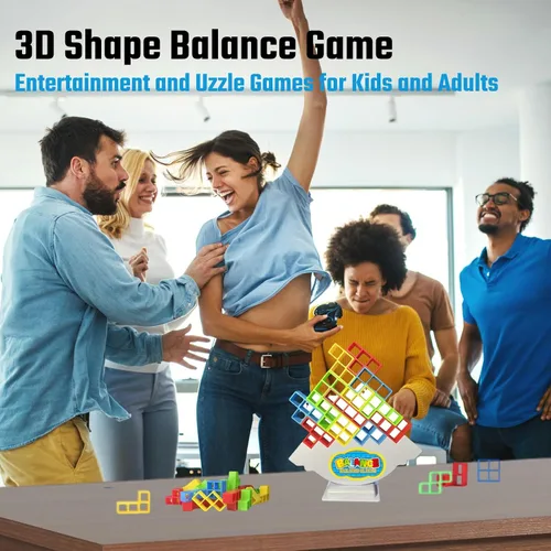 Vista 4 de Juego de torre apilable de 64 piezas con 22 cartas, juego gigante de equilibrio de caída para niños, juegos familiares para niños y adultos, regalos