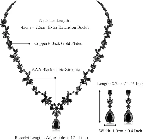 Vista 2 de Black Costume Jewelry Set for Women, Necklace Dangle Earrings Bracelet Set with Black Cubic Zirconia Rhinestone Crystal for Wedding Prom Halloween