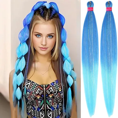 Vista 48 de Cabello trenzado verde con lentejuelas de 26 pulgadas, preestirado, trenzas de textura Yaki, extensiones de cabello pre plumadas, 3 paquetes, fácil