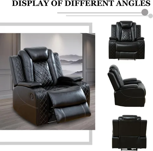 Vista 6 de Juego de sofá reclinable eléctrico con LED, juego de sofá de cuero transpirable para sala de estar, juego de sofá reclinable con puerto USB, Negro