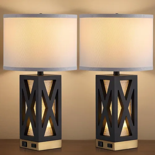 Vista 8 de Lámpara de mesa de madera con 3 temperaturas de color, lámpara de mesa de noche con salida de CA, puerto de carga USB A y C, lámpara de noche
