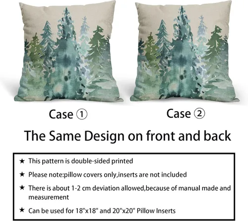 Vista 6 de Juego de 2 fundas de almohada de árbol de acuarela de invierno de 16 x 16 pulgadas, color azul y verde, estilo rústico, estampado de bosque natural