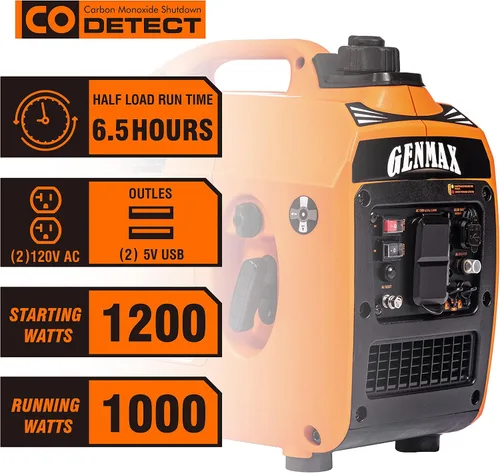 Vista 3 de GENMAX Generador portátil, motor de gas ultra silencioso de 1200 W, cumple con la EPA, función de modo ecológico, ultraligero para uso doméstico