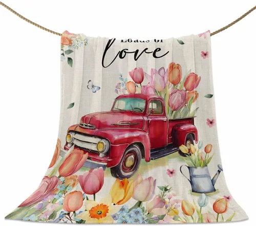 Vista 10 de Manta de Pascua de camión rojo, tulipán, manta suave y cálida, manta de franela de flores y mariposas para sofá, cama, manta para el Día