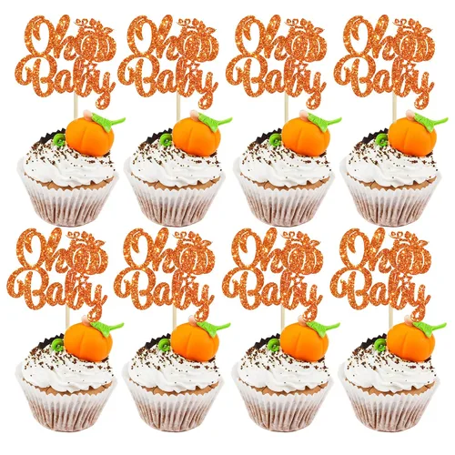 Vista 19 de Gyufise 24 piezas de decoración de cupcakes de calabaza con purpurina para temática de otoño, Acción de Gracias, Halloween, baby shower, niños