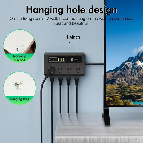 Vista 3 de HITRENDS - Regleta de alimentación con USB, cable de extensión de enchufe plano de 6 pies con 8 tomas, 3 puertos USB y 3 puertos tipo C (5V/3A)