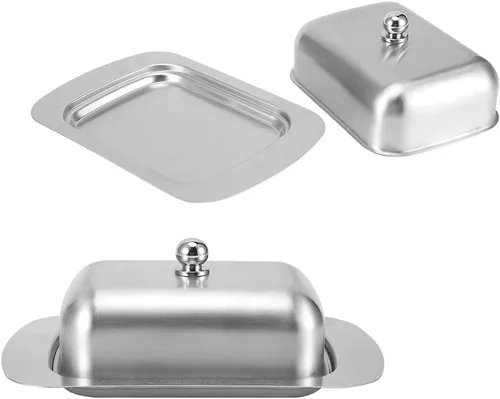 Vista 5 de Alvinlite Mantequillera de acero inoxidable, bandeja de mantequilla de doble cubierta, contenedor de pan de queso con tapa, accesorios para encimera