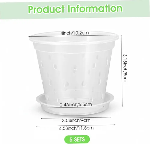 Vista 4 de 5 macetas de plástico transparente para orquídeas con agujeros y platillos, macetas transparentes para trasplantar, excelente drenaje y ventilación
