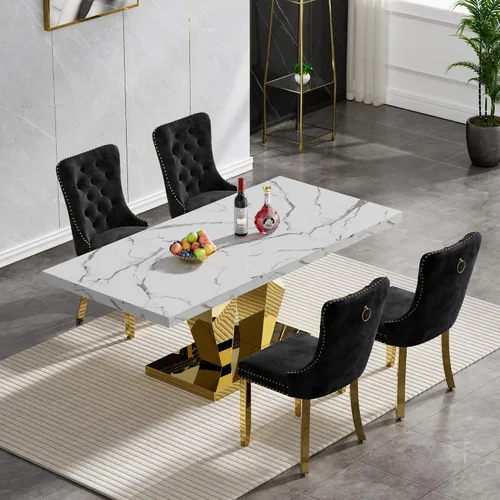 Vista 71 de Juego de mesa de comedor de mármol sintético, 7 piezas, juego de mesa de cocina y comedor para 6, mesa de comedor rectangular blanca de 70 pulgadas