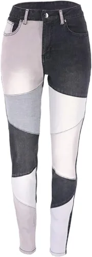Vista 3 de vanberfia - Pantalones elásticos de cintura media para mujer diseño retazos de mezclilla
