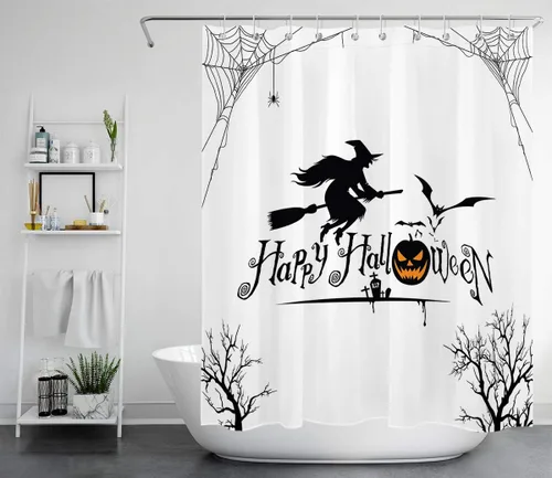 Vista 58 de HVEST Cortina de ducha con ganchos, calabaza espeluznante y fantasma con sombrero de bruja negro, juego de cortina de ducha naranja con flores