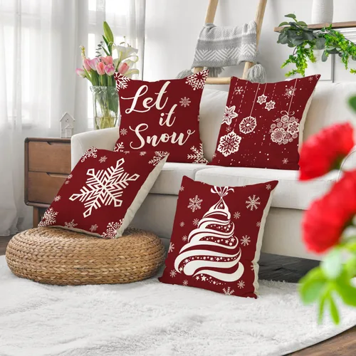 Vista 6 de Juego de 4 fundas de almohada de Navidad, 18 x 18 pulgadas, color rojo y blanco, fundas decorativas de invierno para el hogar, sofá, sofá