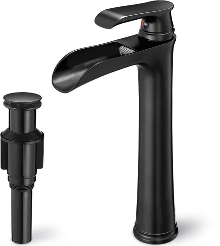 Vista 11 de Grifo para fregadero de recipiente, grifo de baño alto de latón en cascada, 1 manija, grifos dorados para mueble de baño, 1 agujero con drenaje
