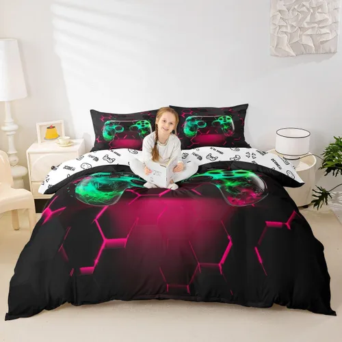 Vista 38 de Juego de funda de edredón con diseño de videojuegos para niños, tamaño individual, negro y azul a cuadros, juego de ropa de cama moderna
