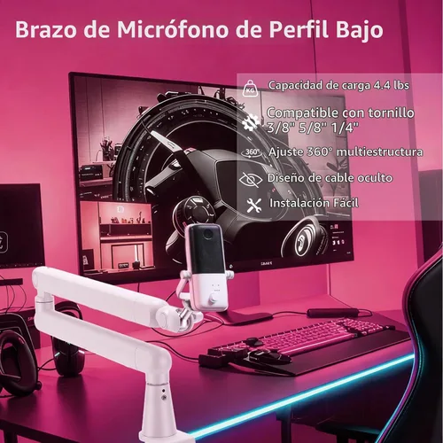 Vista 2 de Soporte de micrófono giratorio de 360°, brazo de micrófono, brazo de micrófono de perfil bajo, compatible con tornillo de 3/8 pulgadas, 5/8 pulgadas