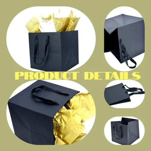 Vista 6 de JUNESHE Bolsa de regalo cuadrada negra grande con asas y papel de seda, 9.84 pulgadas, gran envoltura de regalo gigante para cumpleaños, boda