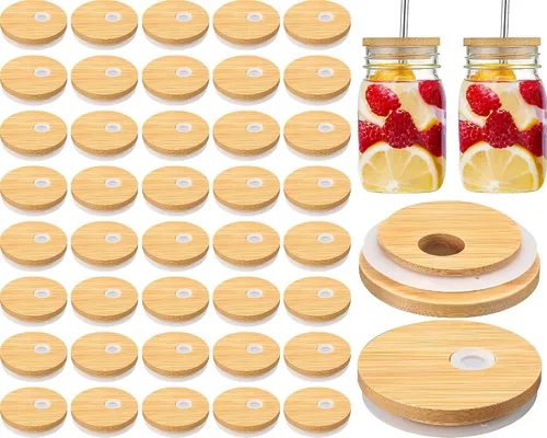 Vista 8 de Sieral Tapas de bambú para frascos de 2.756 in con agujero para pajilla, tapas reutilizables de madera para tarros de cerveza, cubierta de conservas