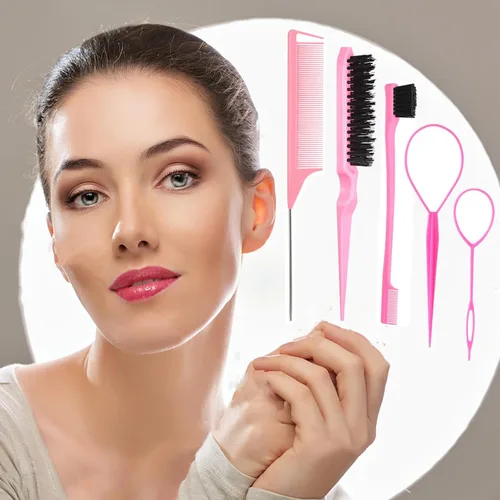 Vista 2 de 5 piezas de juego de cepillo Slick Back con herramienta Topsy Tail, cerdas para estirar, peine de rata para peinado de cabello de mujeres y niñas