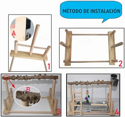 Vista 6 de Hamiledyi Parque de Loros Juguetes de Pájaros Soporte de Madera Ejercicio Perca Gimnasio con Tazas Alimentadoras Juguetes para Cacatúas con Escalera