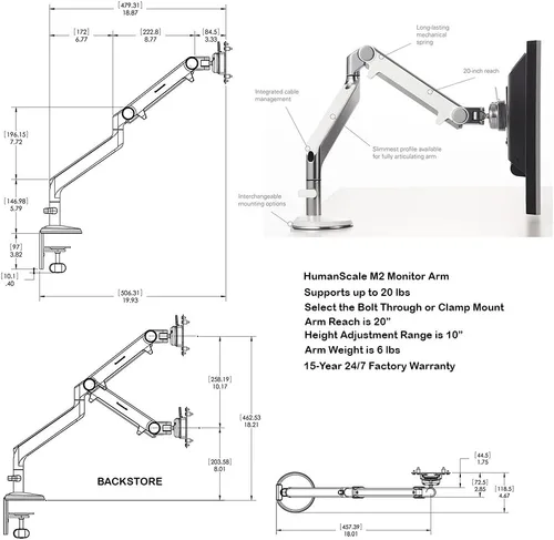 Vista 3 de Humanscale M2 M2CW1S Brazo articulado ajustable para monitor de computadora, abrazadera de dos piezas con base, aluminio pulido con ribete blanco